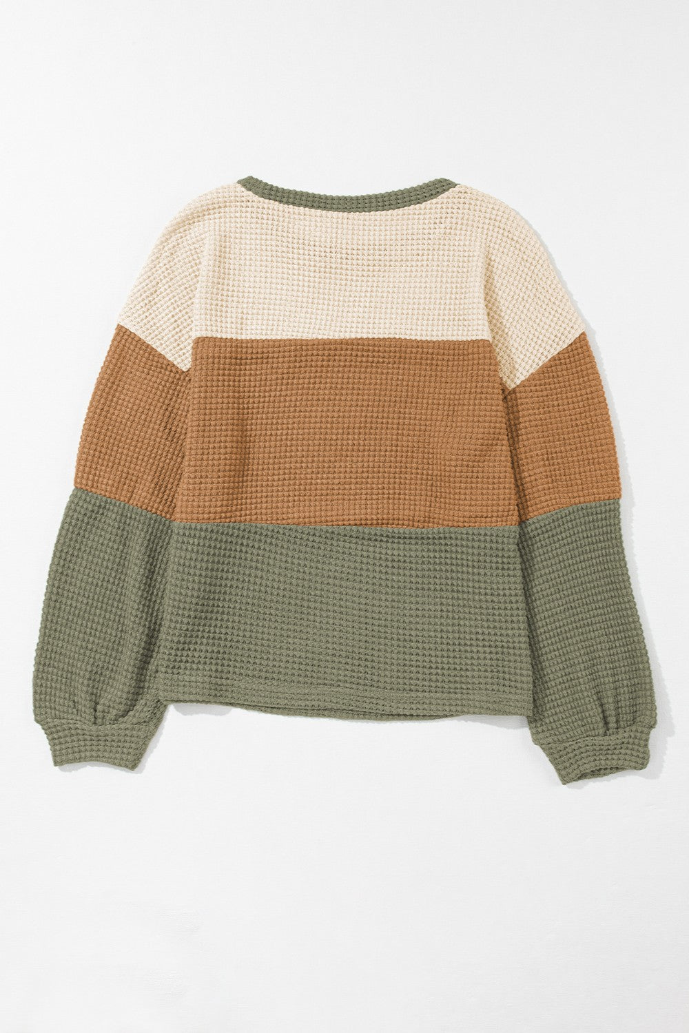 Waffle-Knit Color Block Round Neck Long Sleeve Blouse - The Goddess Galleries