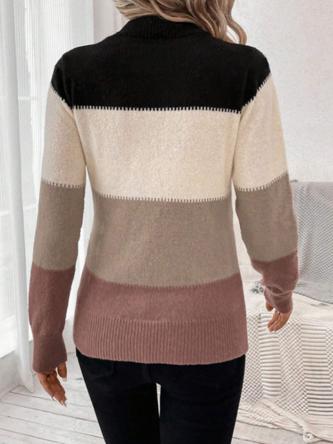 Color Block Mock Neck Long Sleeve Sweater - The Goddess Galleries