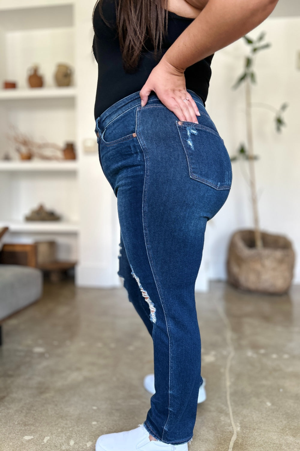 Judy Blue Full Size High Waist Rigid Magic Heavy Destroy Straight Jeans - The Goddess Galleries