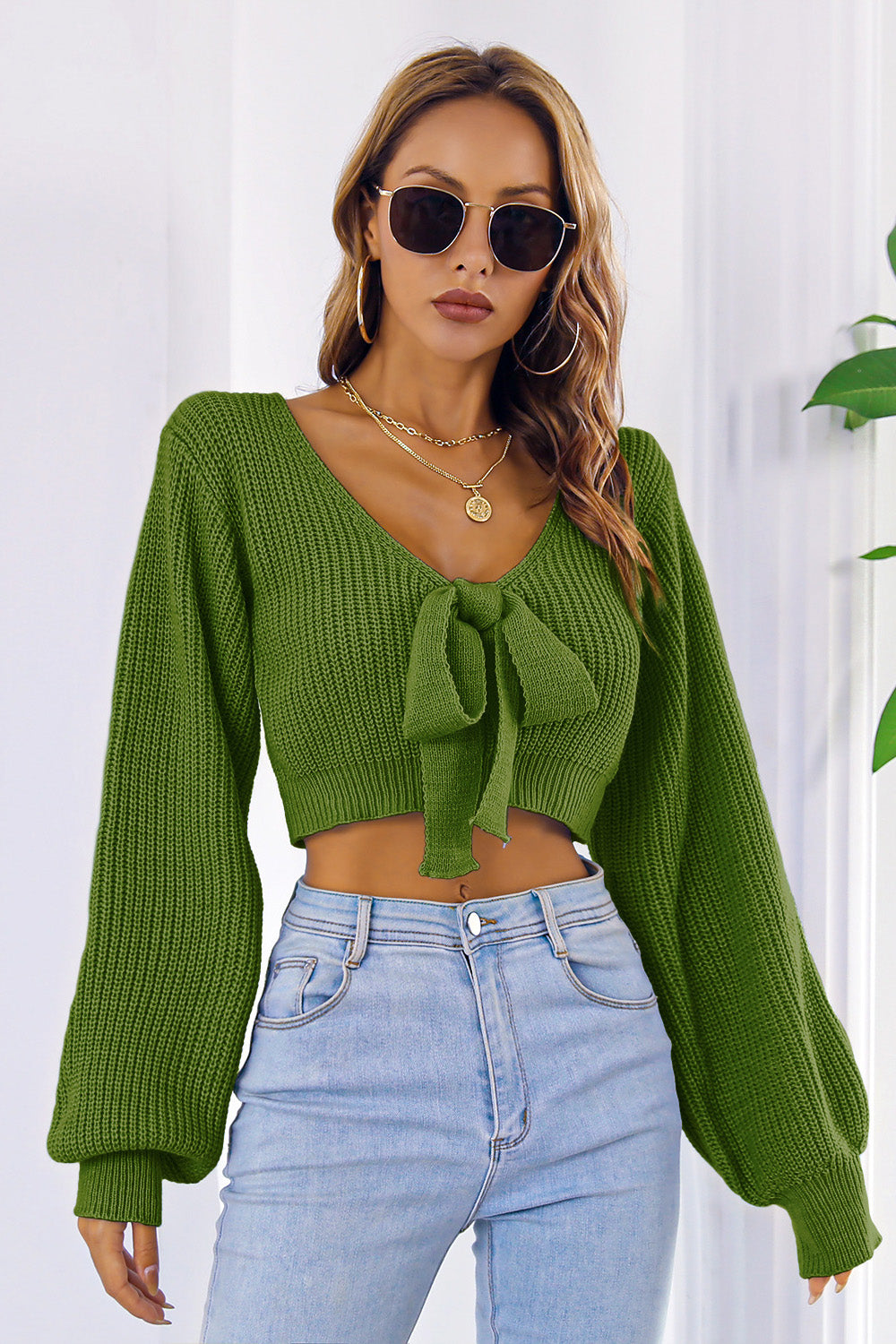 Bow V-Neck Long Sleeve Cropped Sweater - The Goddess Galleries