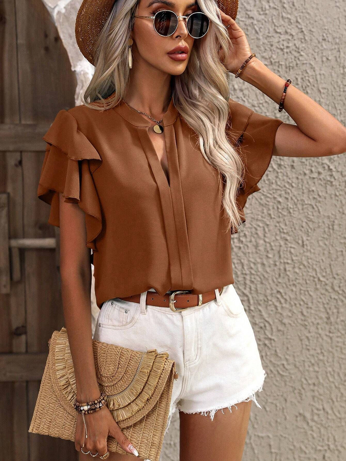 Ruffled Notched Short Sleeve Blouse - The Goddess Galleries