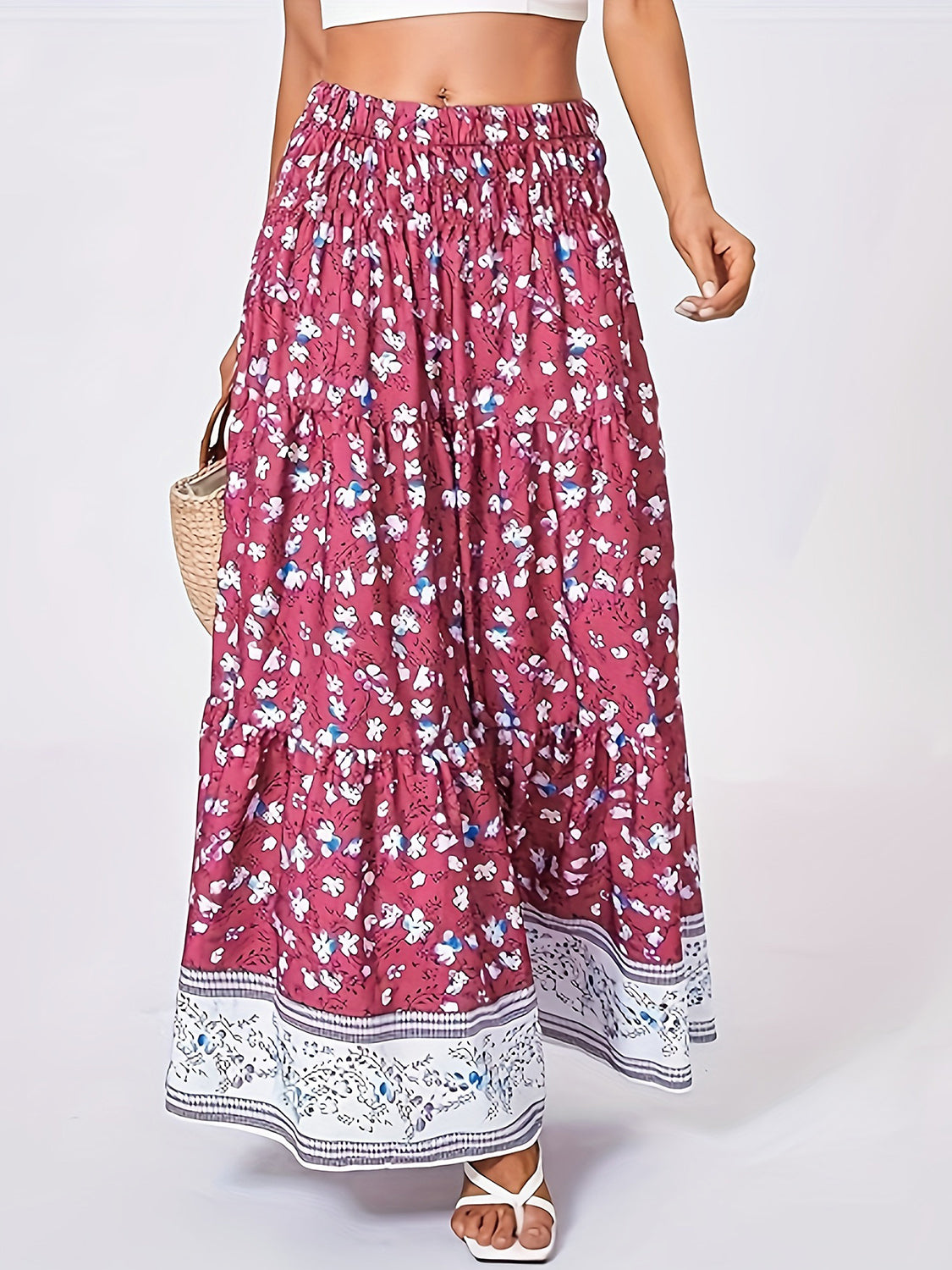 Full Size Tiered Printed Elastic Waist Skirt - The Goddess Galleries