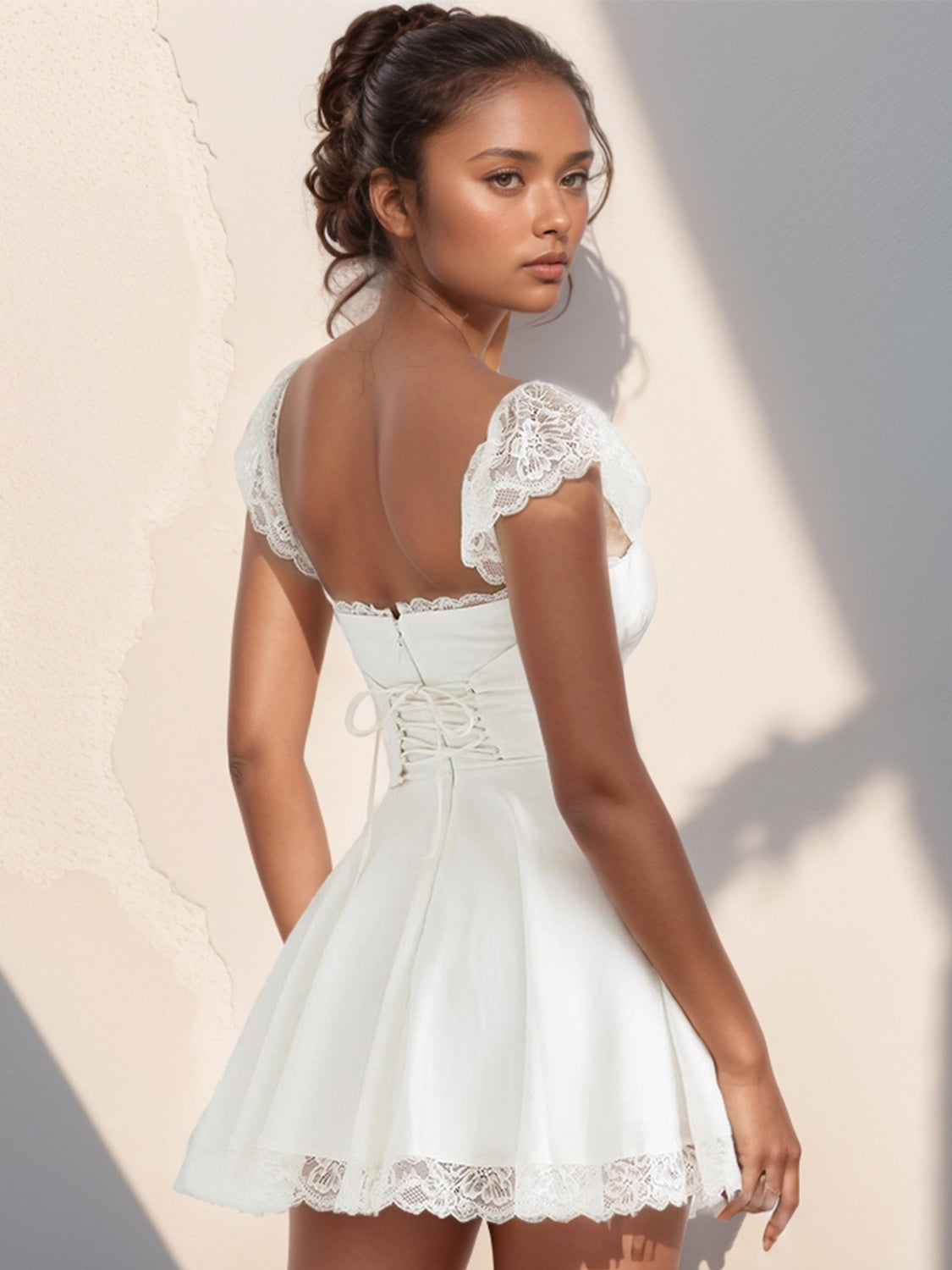 Lace Detail Square Neck Cap Sleeve Mini Dress - The Goddess Galleries