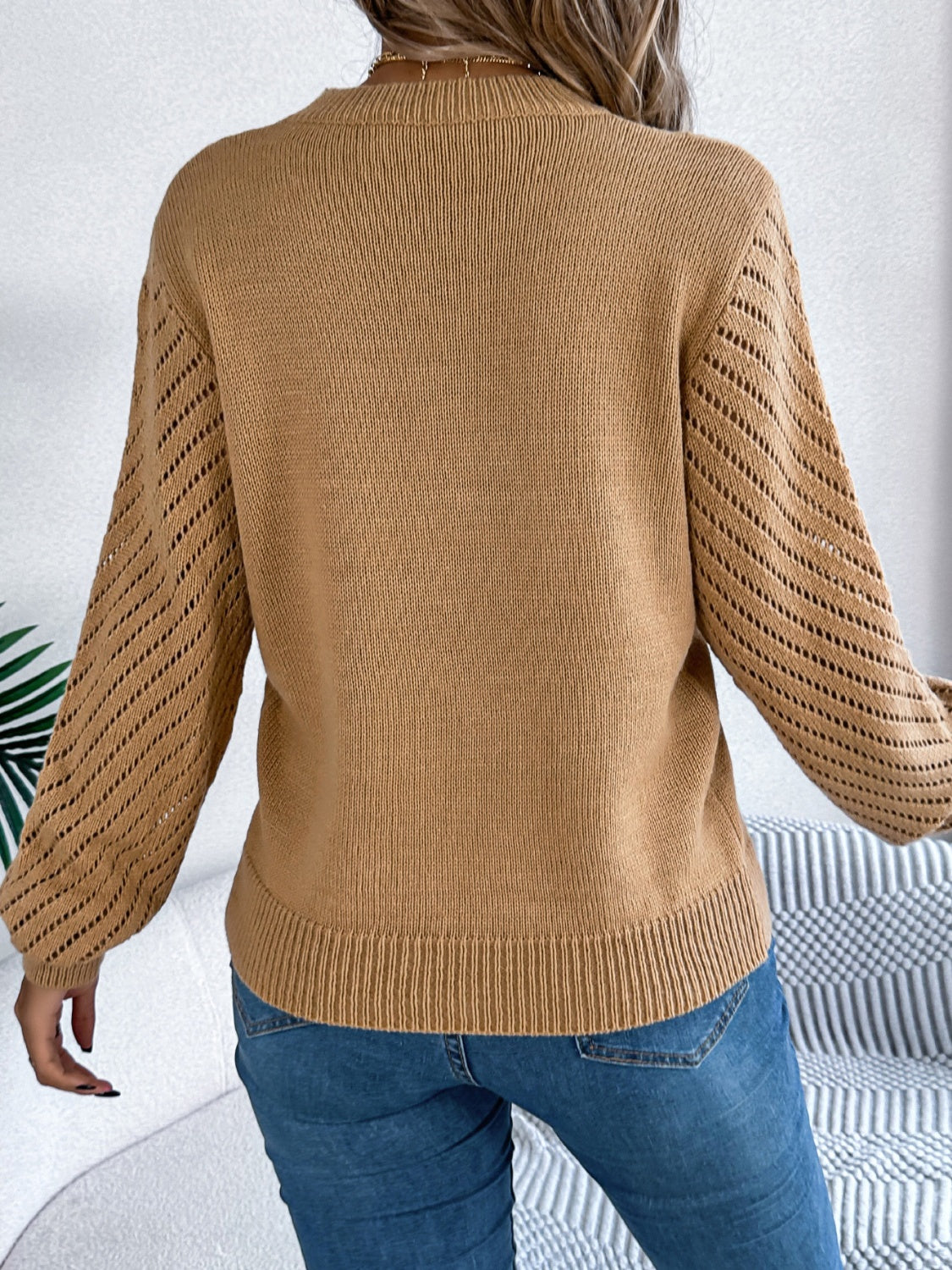 Openwork Round Neck Long Sleeve Knit Top - The Goddess Galleries