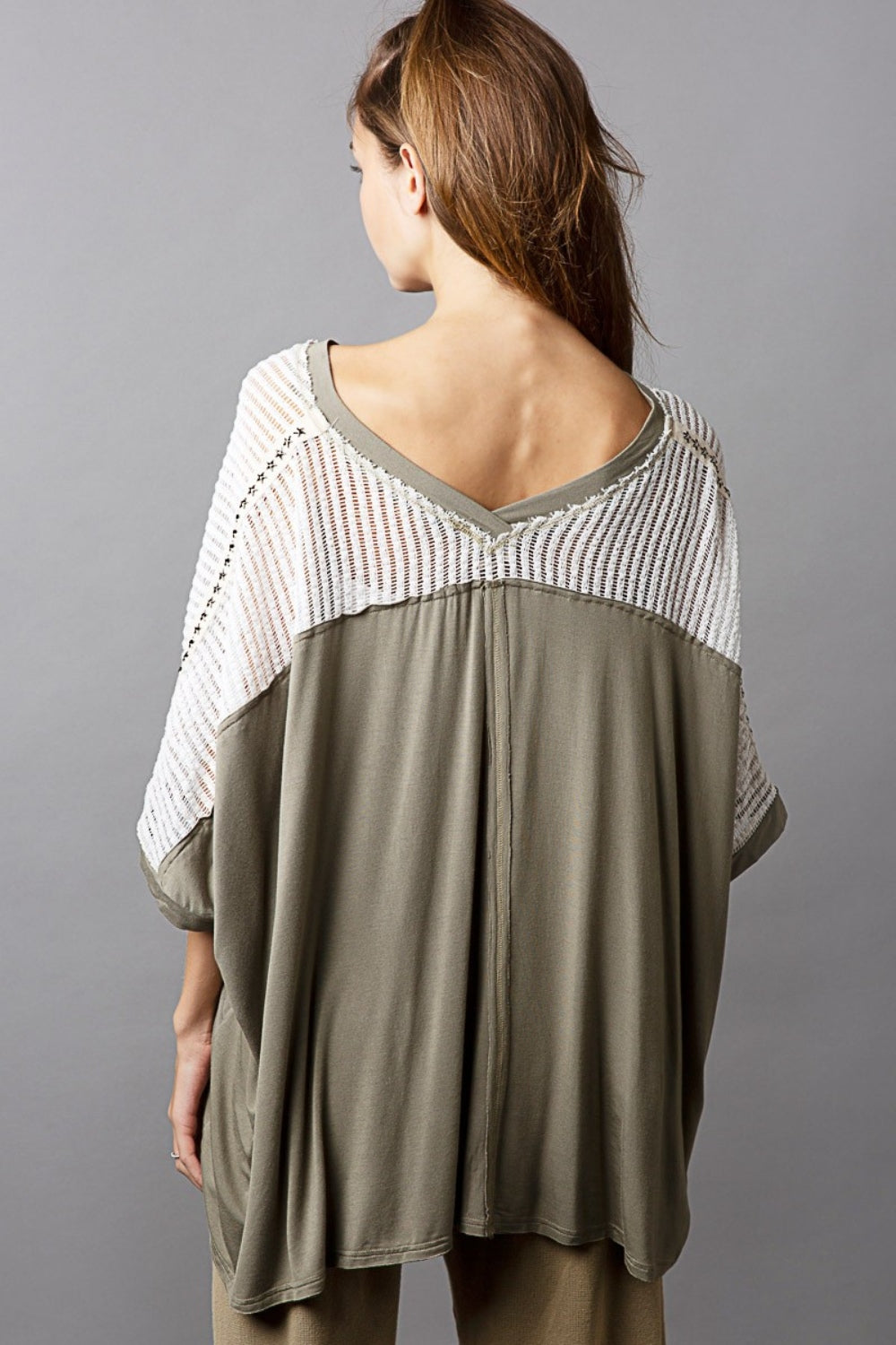 POL Oversize V-Neck Crochet Lace Contrast Studded Top - The Goddess Galleries