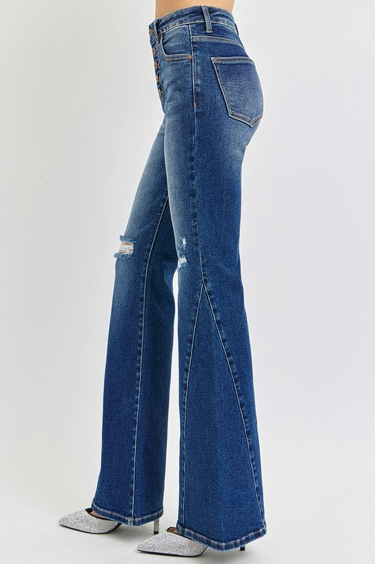 RISEN Distressed Button-Fly Flare Jeans - The Goddess Galleries