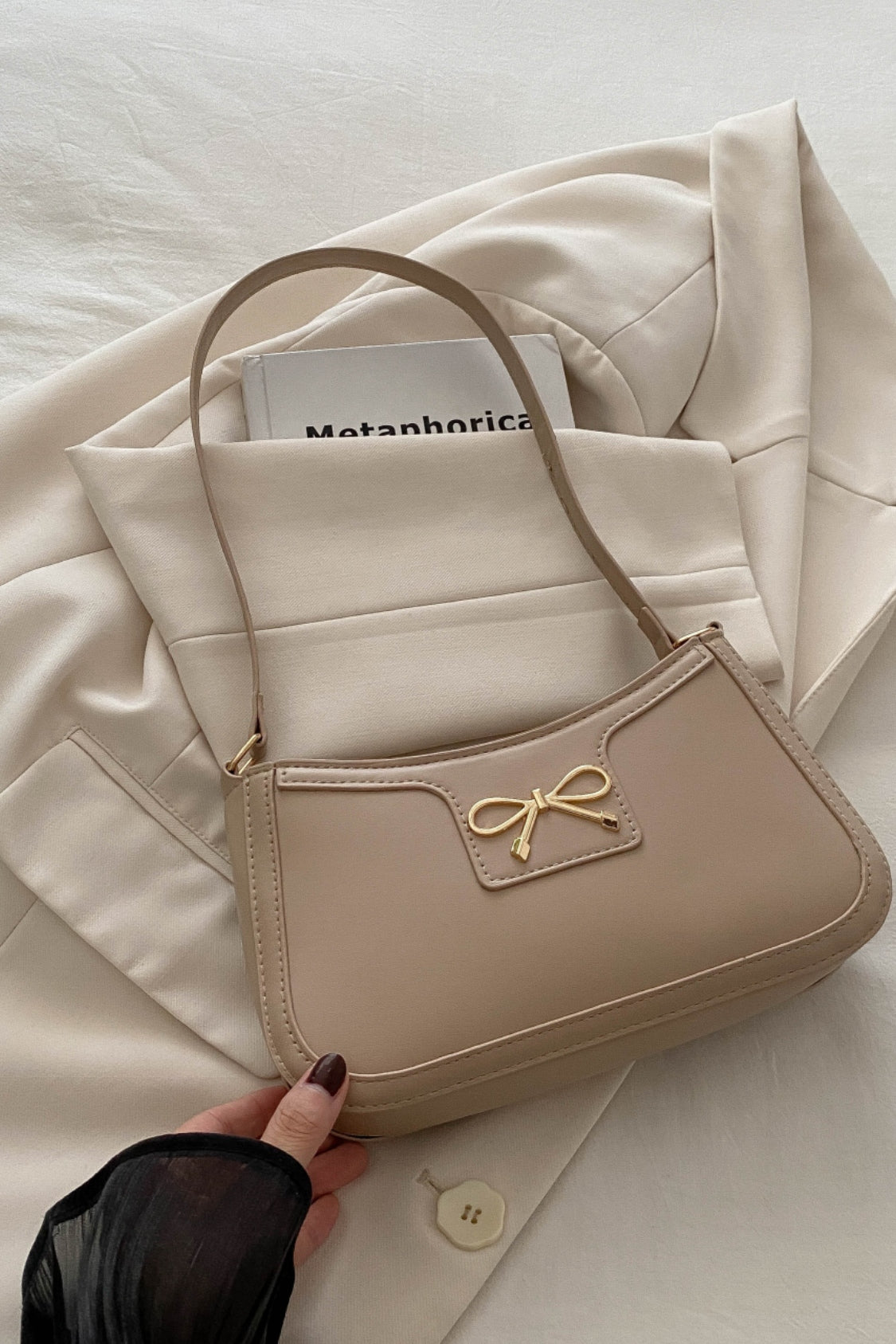 Bow Trim PU Leather Shoulder Bag - The Goddess Galleries