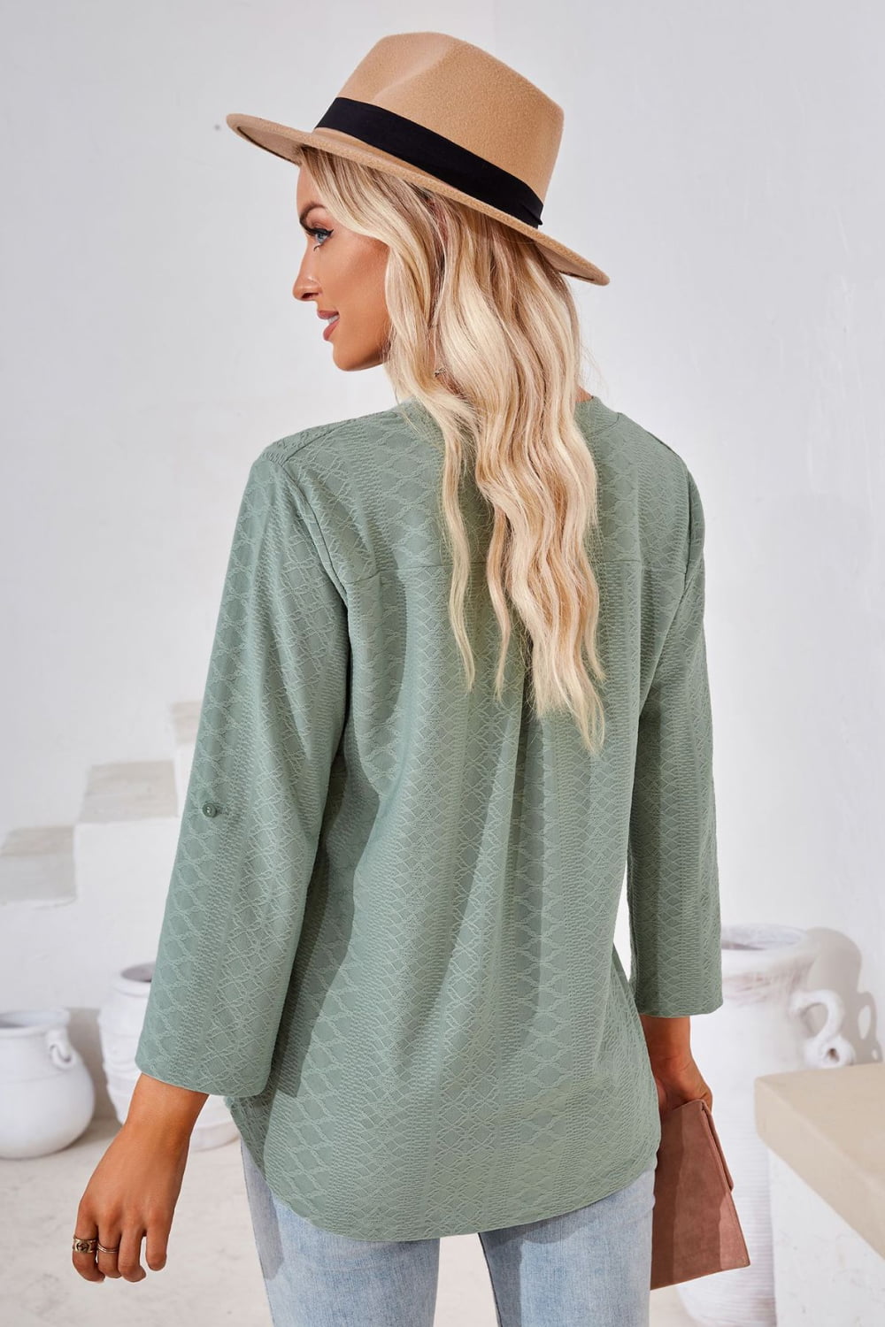 V-Neck Roll-Tap Sleeve Blouse - The Goddess Galleries
