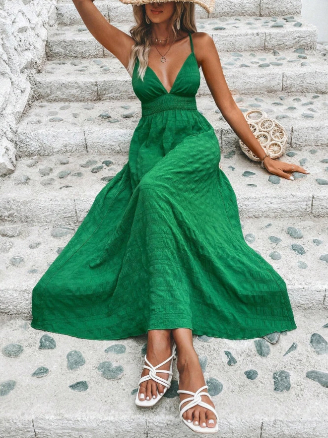 Crisscross Back Smocked Maxi Cami Dress - The Goddess Galleries