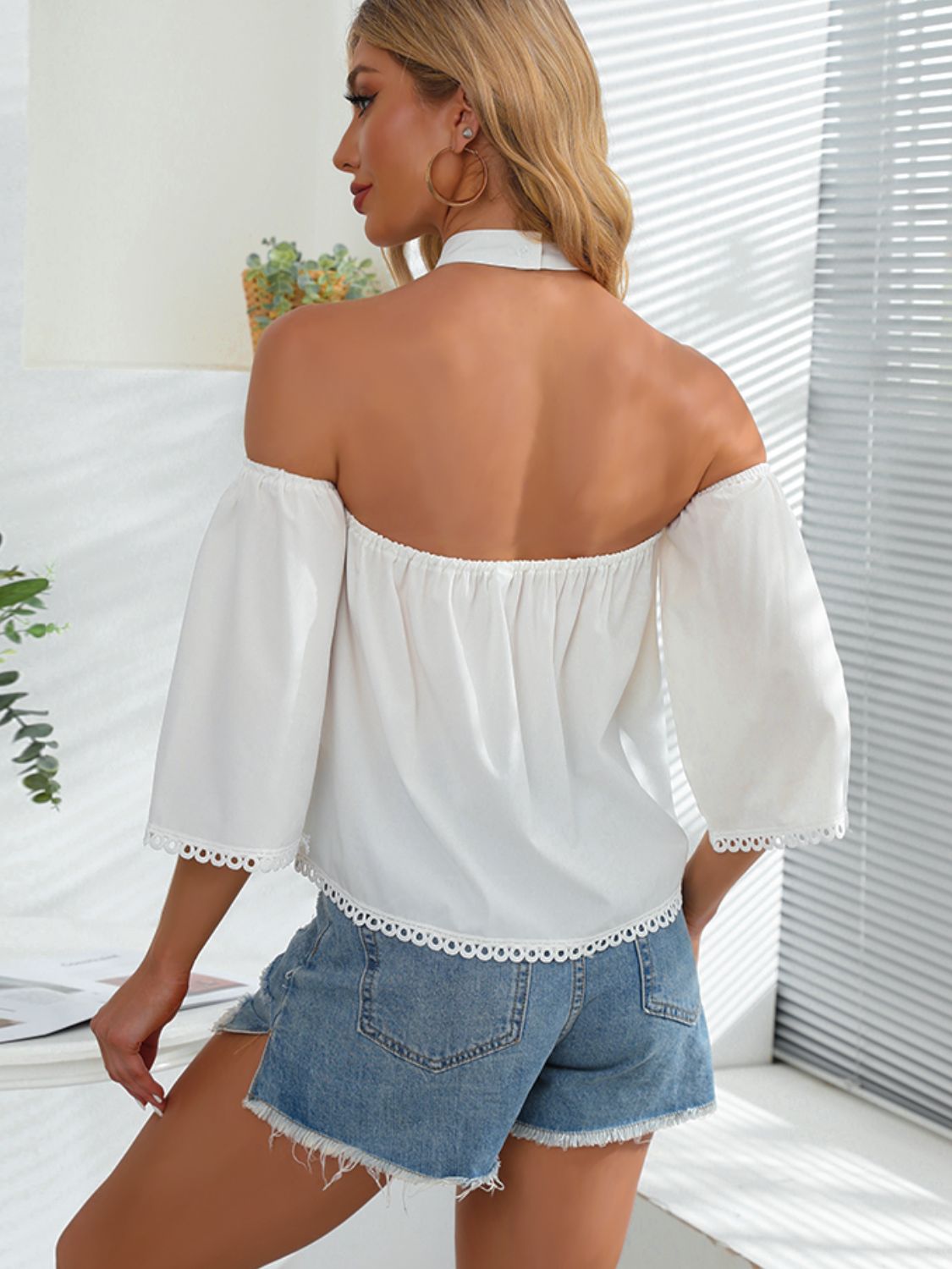 Crochet Halter Neck Cold-Shoulder Blouse - The Goddess Galleries