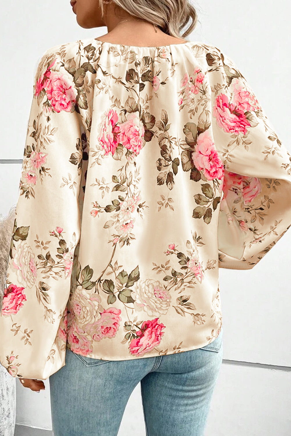 Floral V-Neck Balloon Sleeve Blouse - The Goddess Galleries