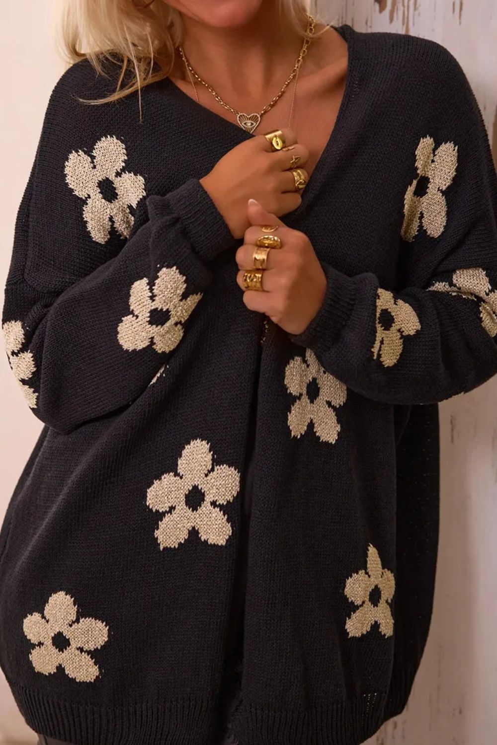 Flower Open Front Long Sleeve Cardigan - The Goddess Galleries