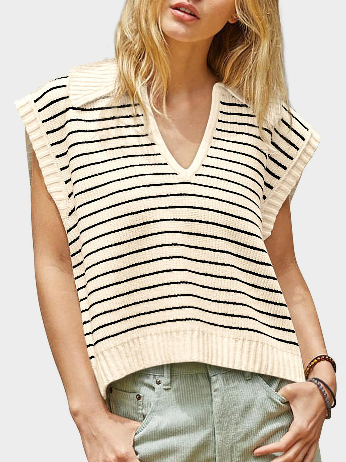 Mandy Collared Neck Striped Sweater Vest - The Goddess Galleries