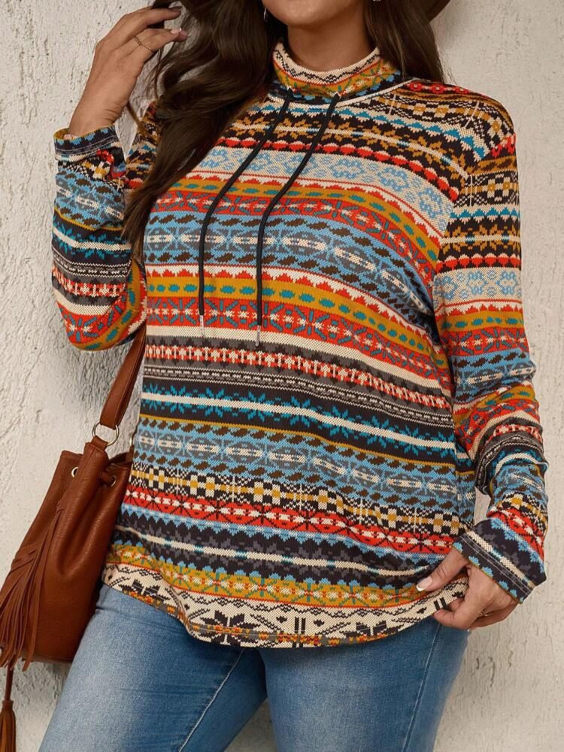 Plus Size Drawstring Printed Mock Neck Long Sleeve Top - The Goddess Galleries