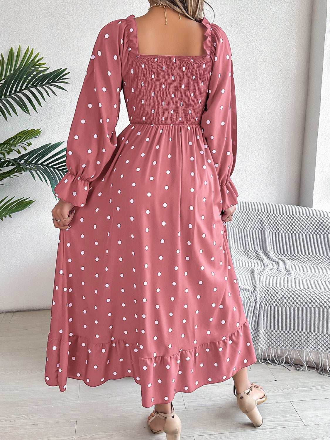 Polka Dot Flounce Sleeve Midi Dress - The Goddess Galleries