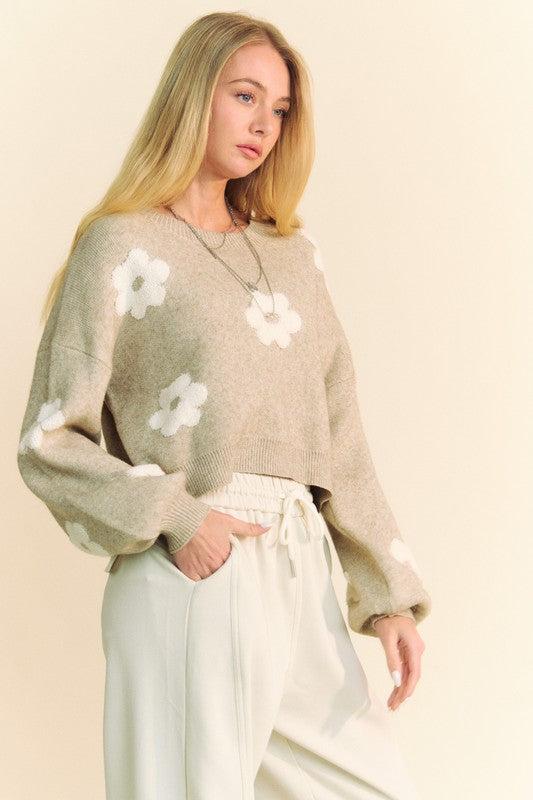Davi & Dani Floral Drop Shoulder Cropped Sweater - The Goddess Galleries