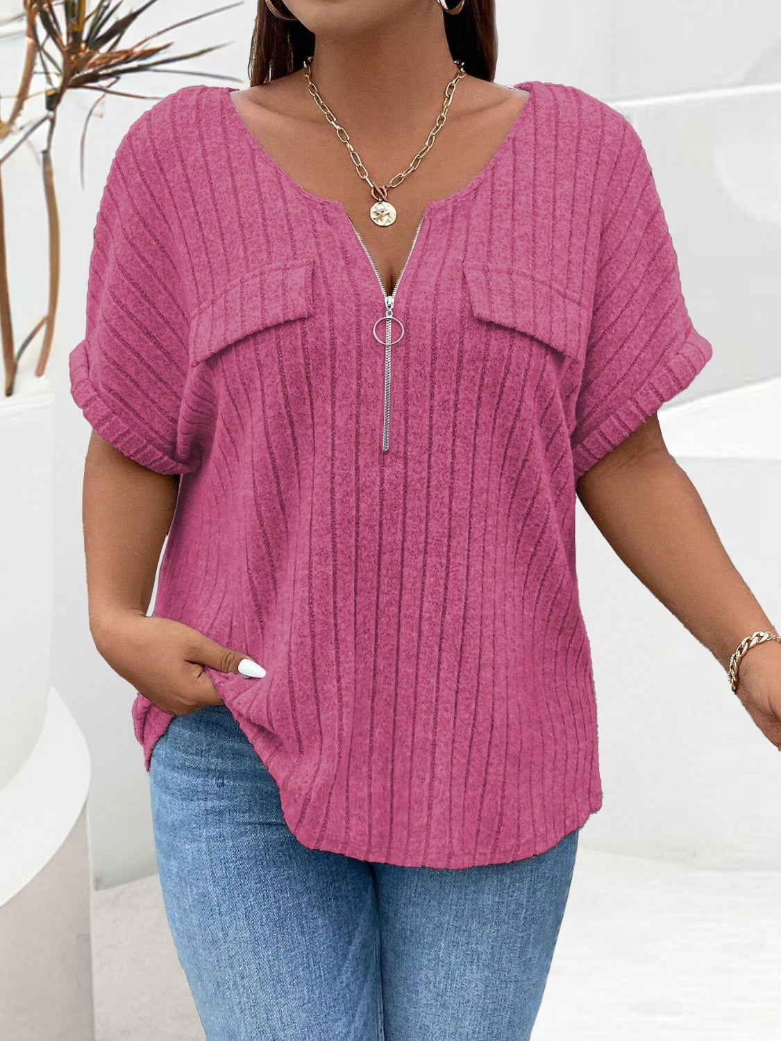 Plus Size Half Zip Short Sleeve T-Shirt - The Goddess Galleries