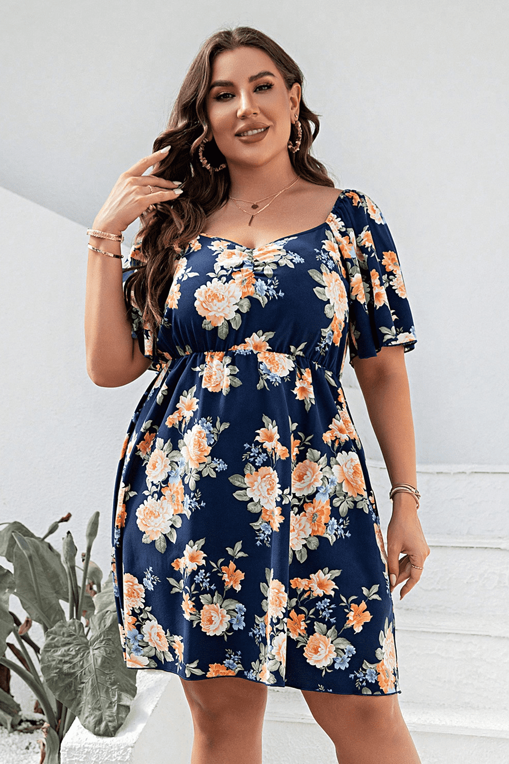 Plus Size Floral Print V-Neck Flutter Sleeve Mini Dress - The Goddess Galleries