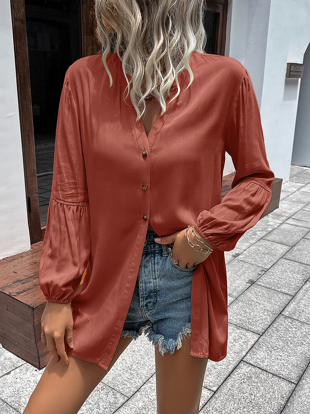 Ivy Lane Notched Neck Balloon Sleeve Shirt - The Goddess Galleries