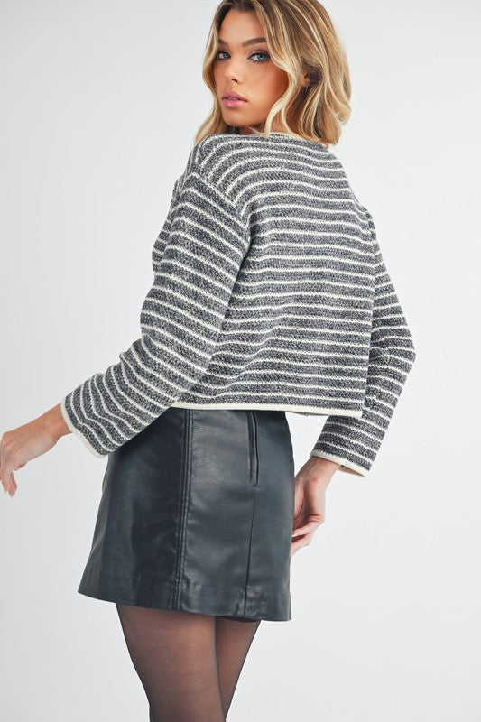 Aemi + Co Striped Button Down Round Neck Cardigan - The Goddess Galleries