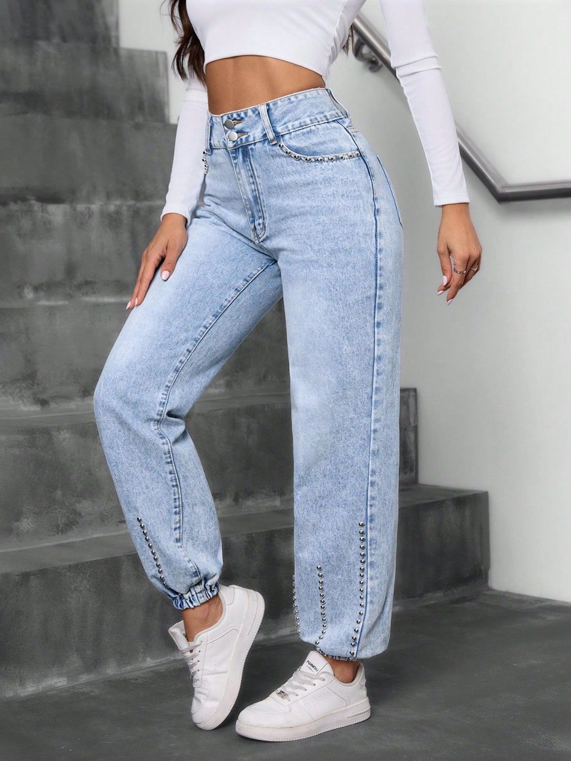Studded High Waist Jeans - The Goddess Galleries