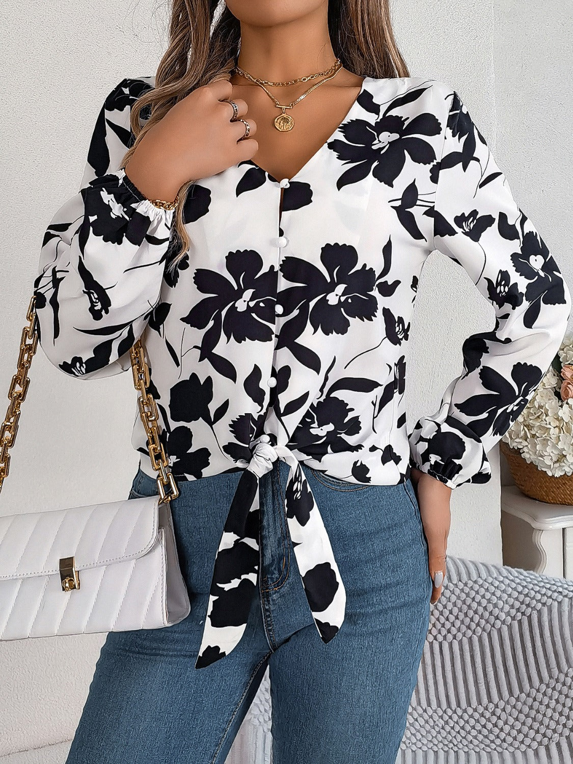 Printed V-Neck Long Sleeve Blouse - The Goddess Galleries