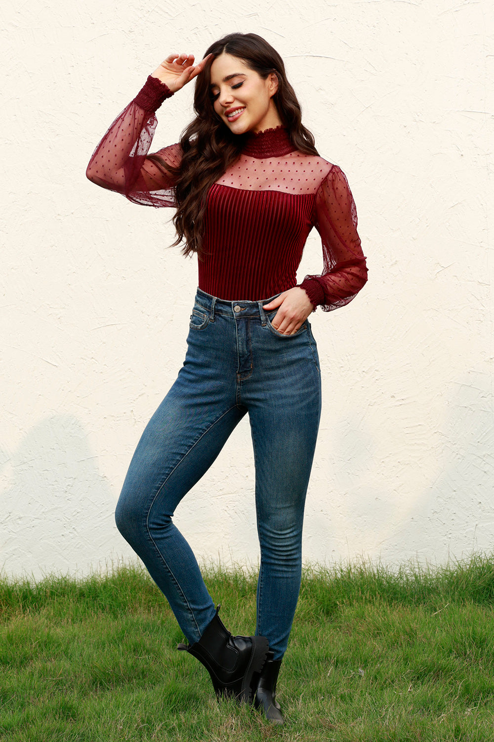 Mesh Long Sleeve Velvet Bodysuit - The Goddess Galleries