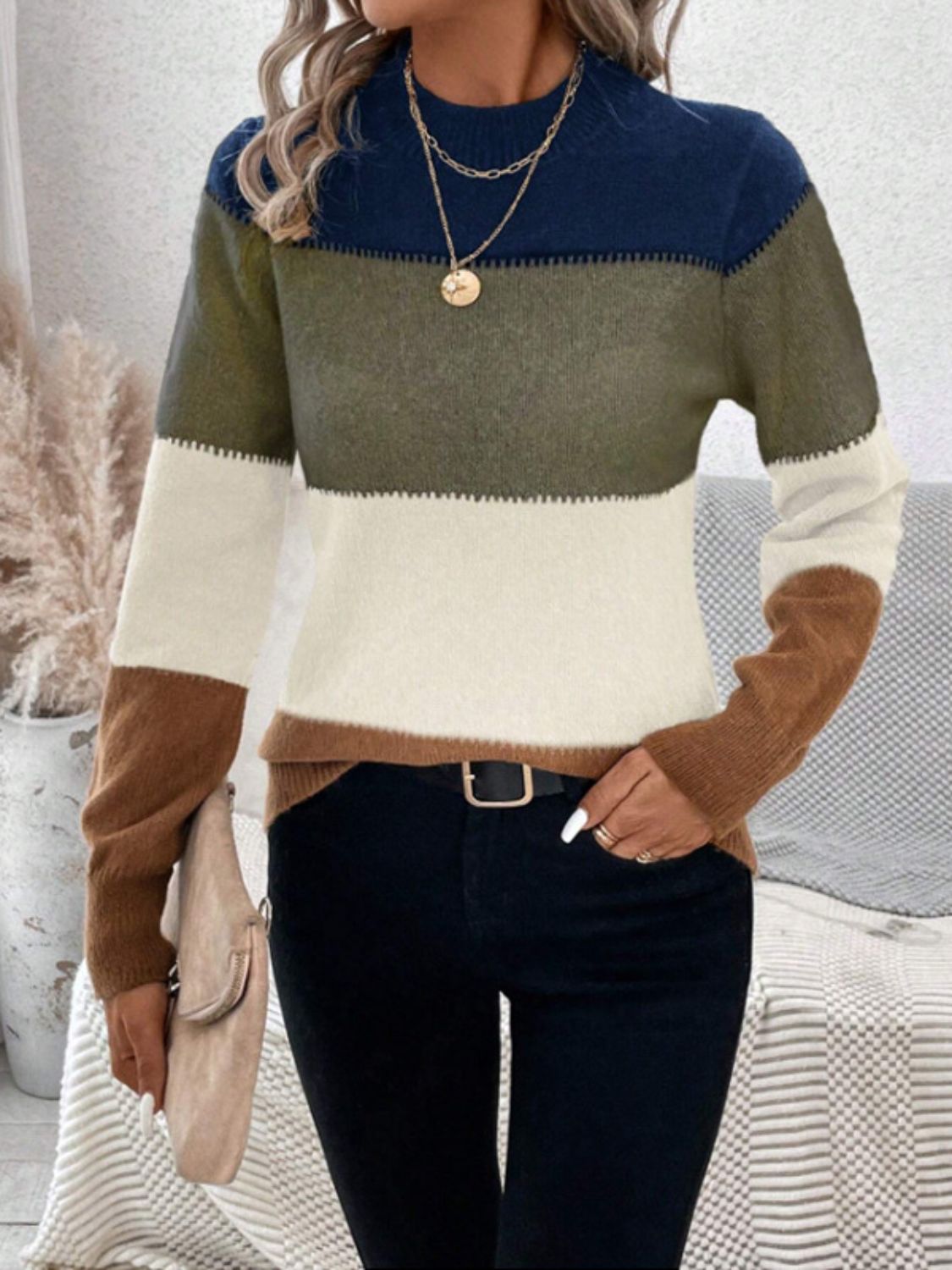 Color Block Mock Neck Long Sleeve Sweater - The Goddess Galleries