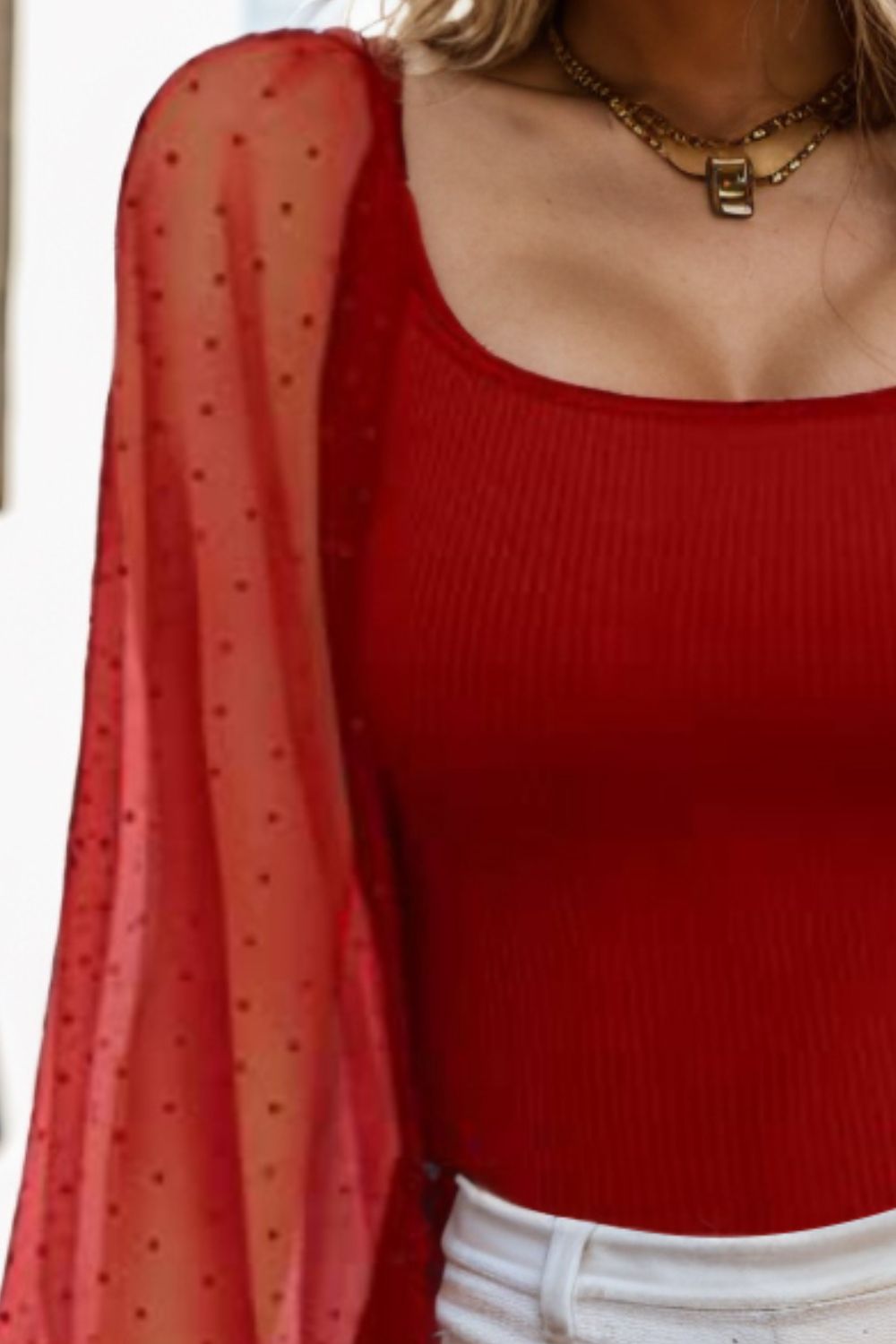 Polka Dot Square Neck Lantern Sleeve Blouse - The Goddess Galleries