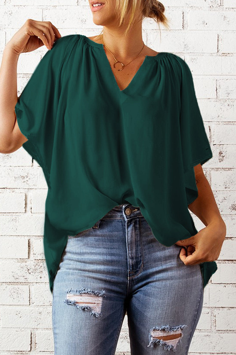 Gathered Detail Notched Neck Flutter Sleeve Top - The Goddess Galleries