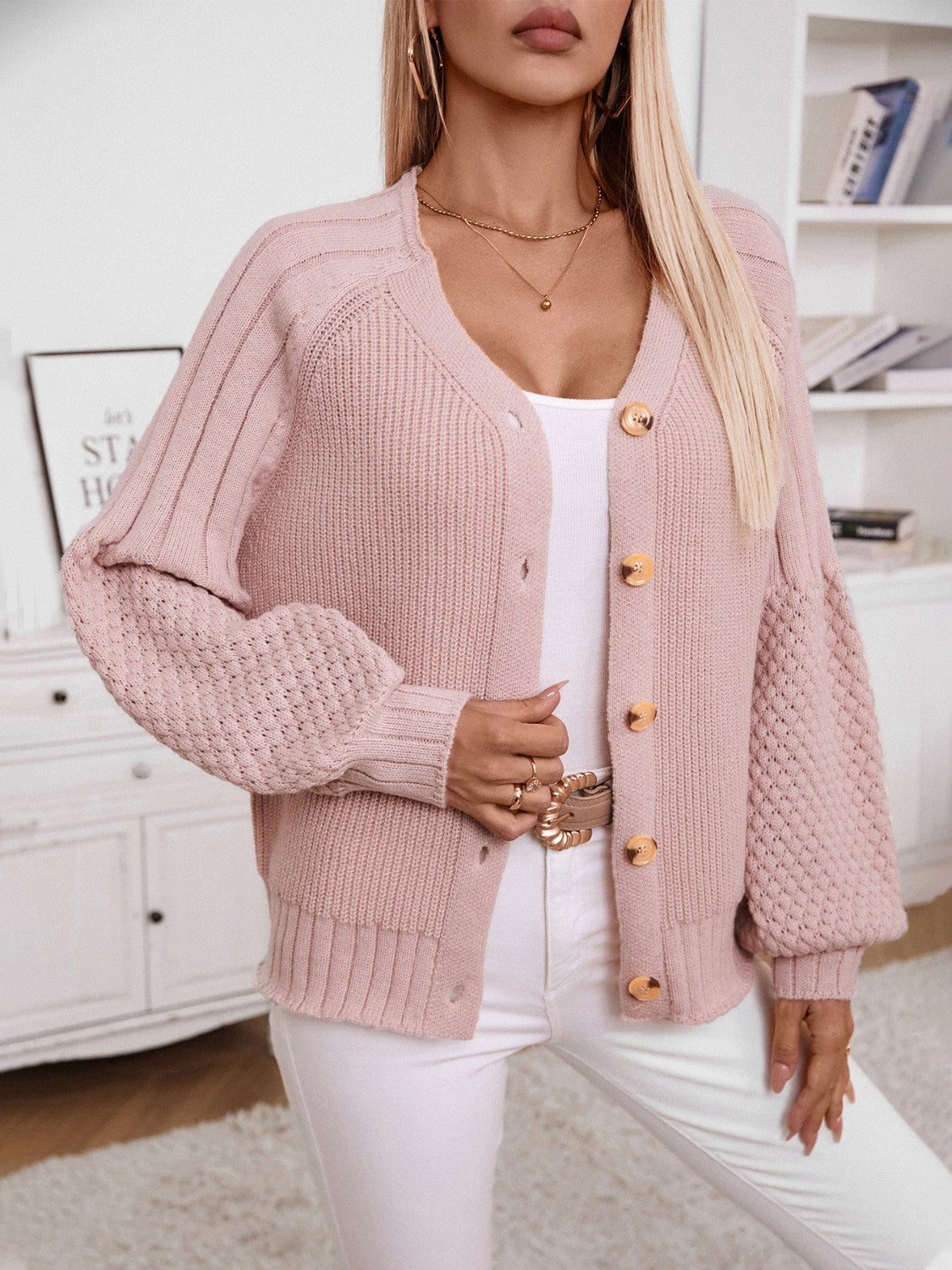 V-Neck Button Up Raglan Sleeve Cardigan - The Goddess Galleries