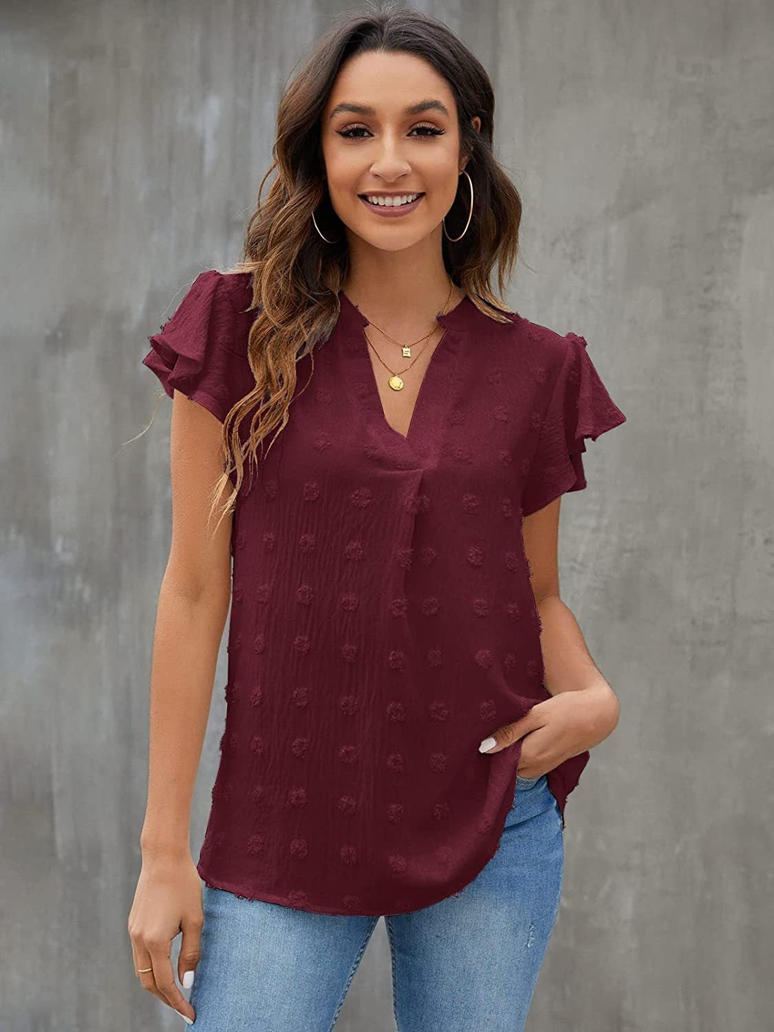 Swiss Dot Notched Flutter Sleeve Blouse - The Goddess Galleries