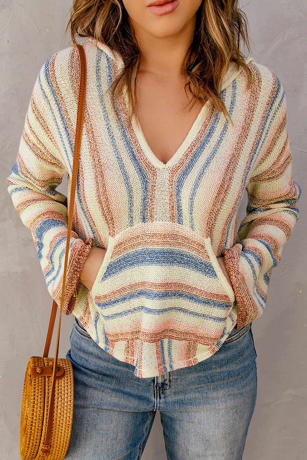Striped Hooded Sweater with Kangaroo Pocket - The Goddess Galleries