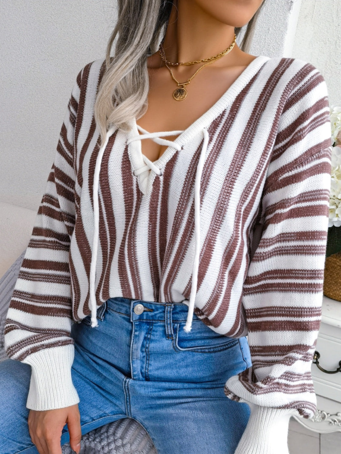 Striped Lace-Up Long Sleeve Sweater - The Goddess Galleries