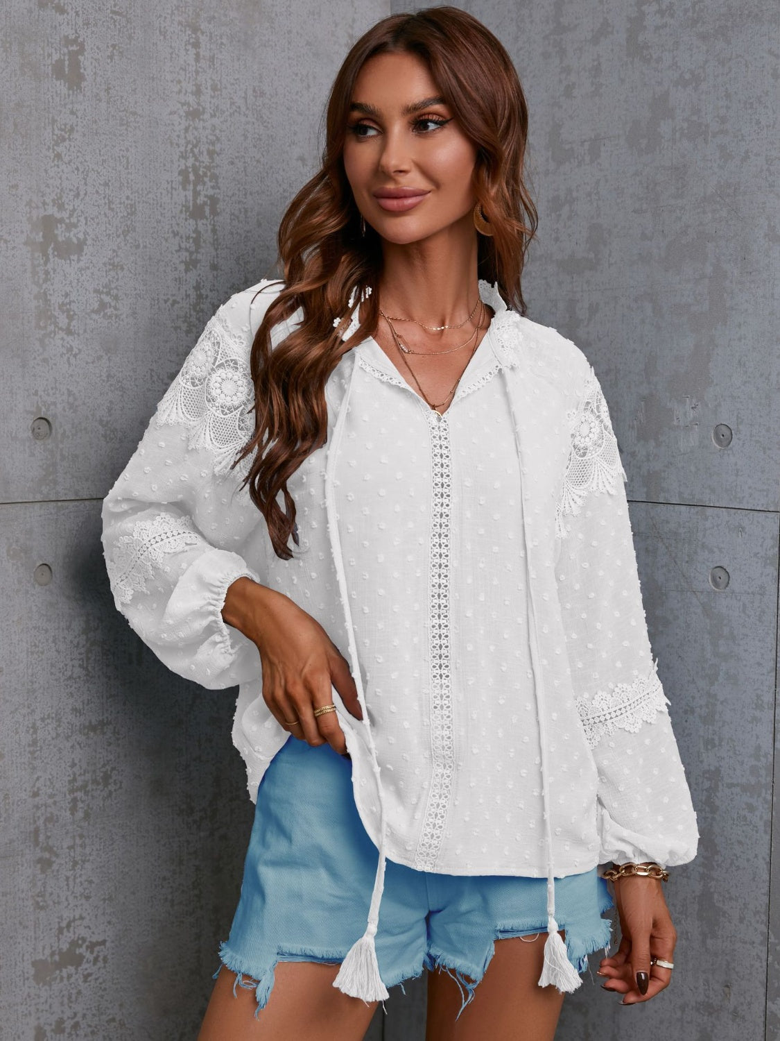 Crochet Tassel Tie Neck Long Sleeve Blouse - The Goddess Galleries