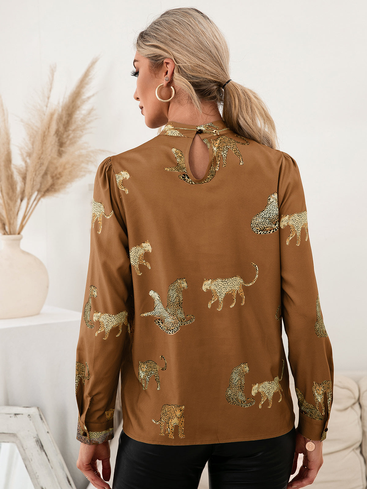 Ivy Lane Leopard Graphic Mock Neck Puff Sleeve Blouse - The Goddess Galleries