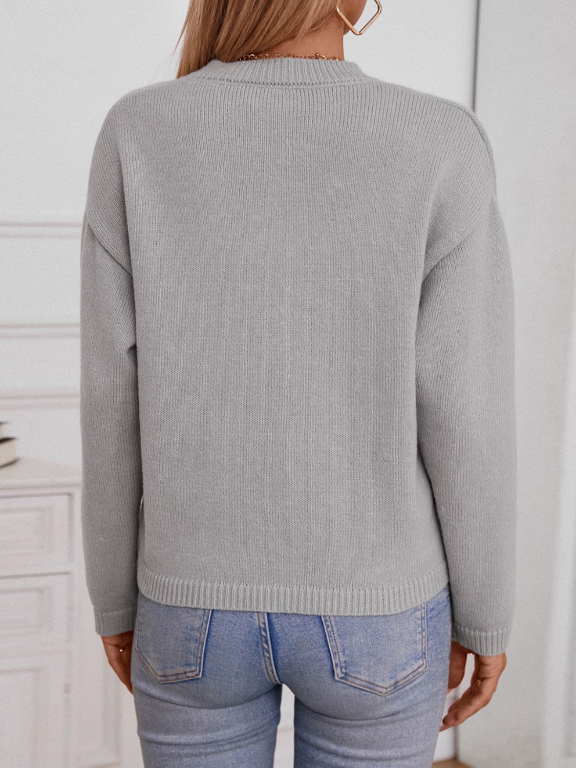 Pocketed Notched Long Sleeve Knit Top - The Goddess Galleries
