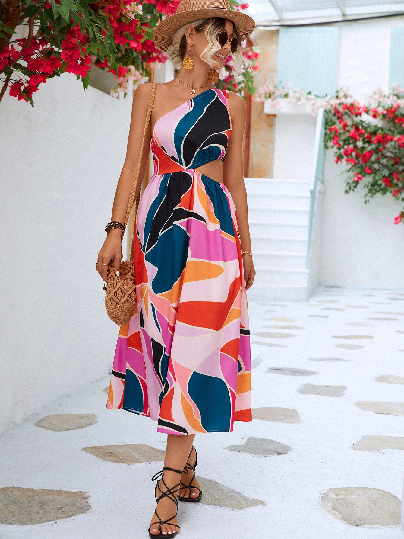 Printed Cutout One-Shoulder Sleeveless Dress - The Goddess Galleries