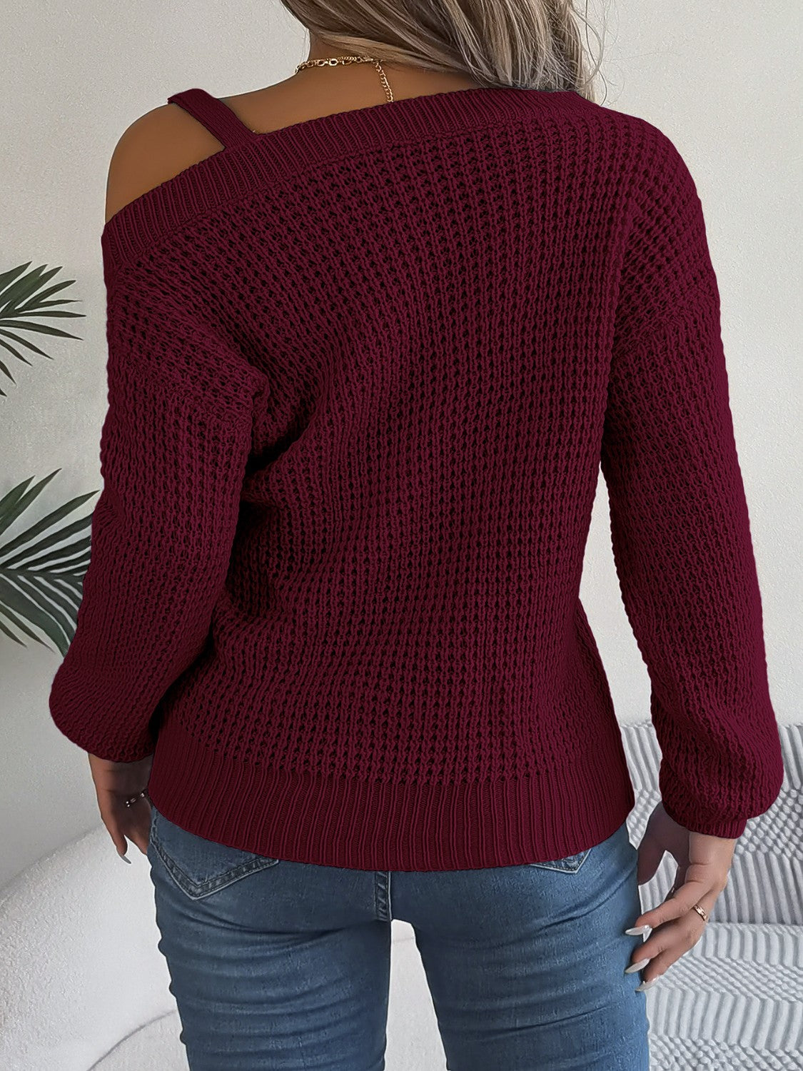 Asymmetrical Neck Long Sleeve Sweater - The Goddess Galleries