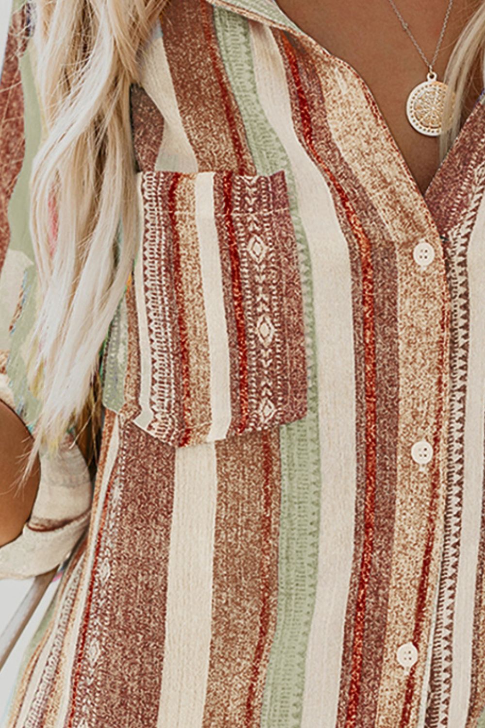 Striped Collared Neck Long Sleeve Shirt - The Goddess Galleries