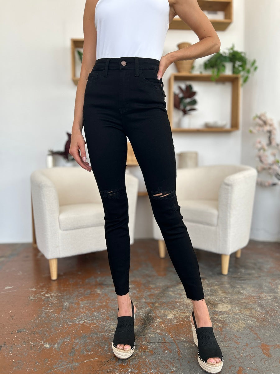 Judy Blue Full Size Distressed Tummy Control High Waist Skinny Jeans - The Goddess Galleries