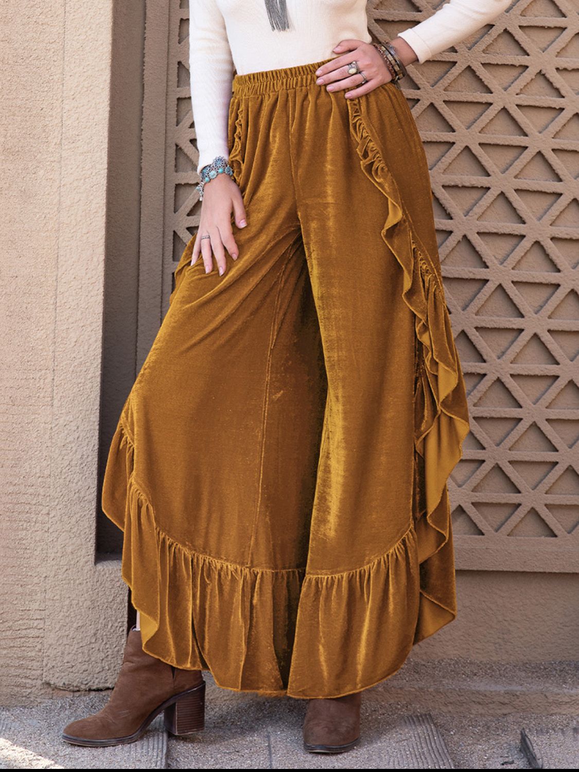 Slit Ruffled Wide Leg Pants - The Goddess Galleries