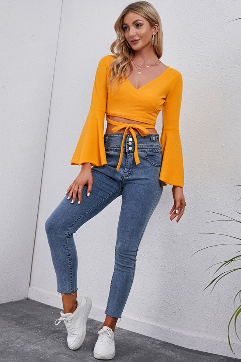Tie Front Flare Sleeve Cropped Top - The Goddess Galleries