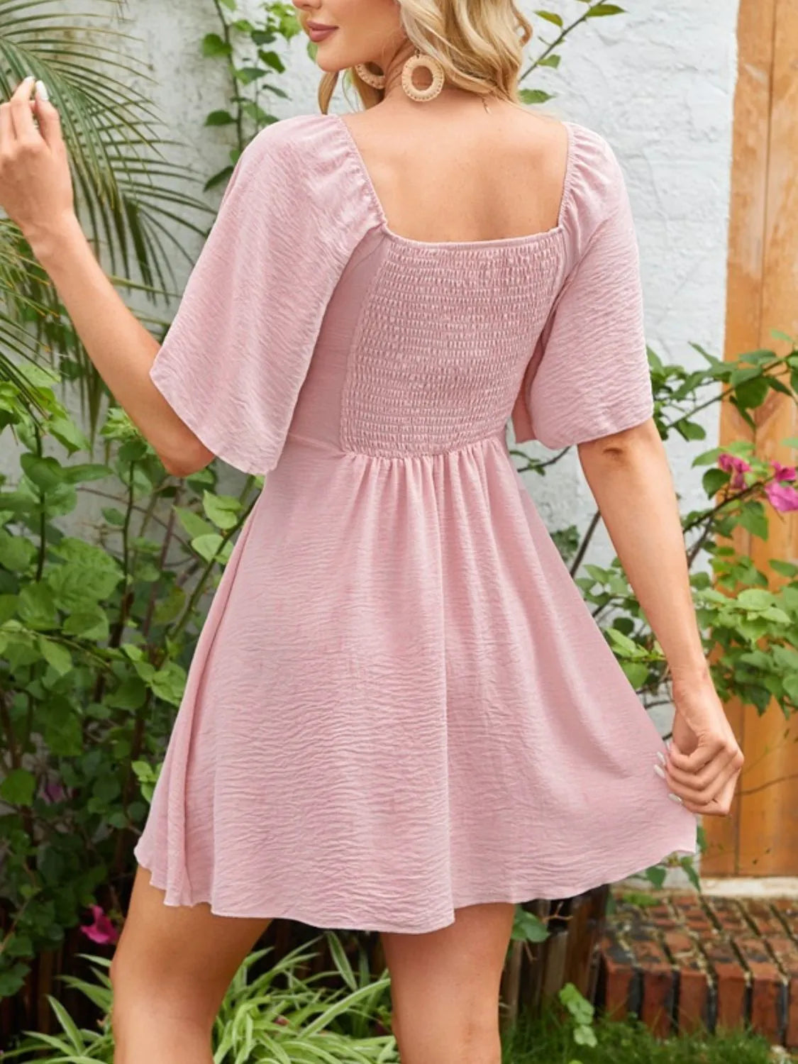 Smocked Back Knotted Flutter Sleeve Dress - The Goddess Galleries