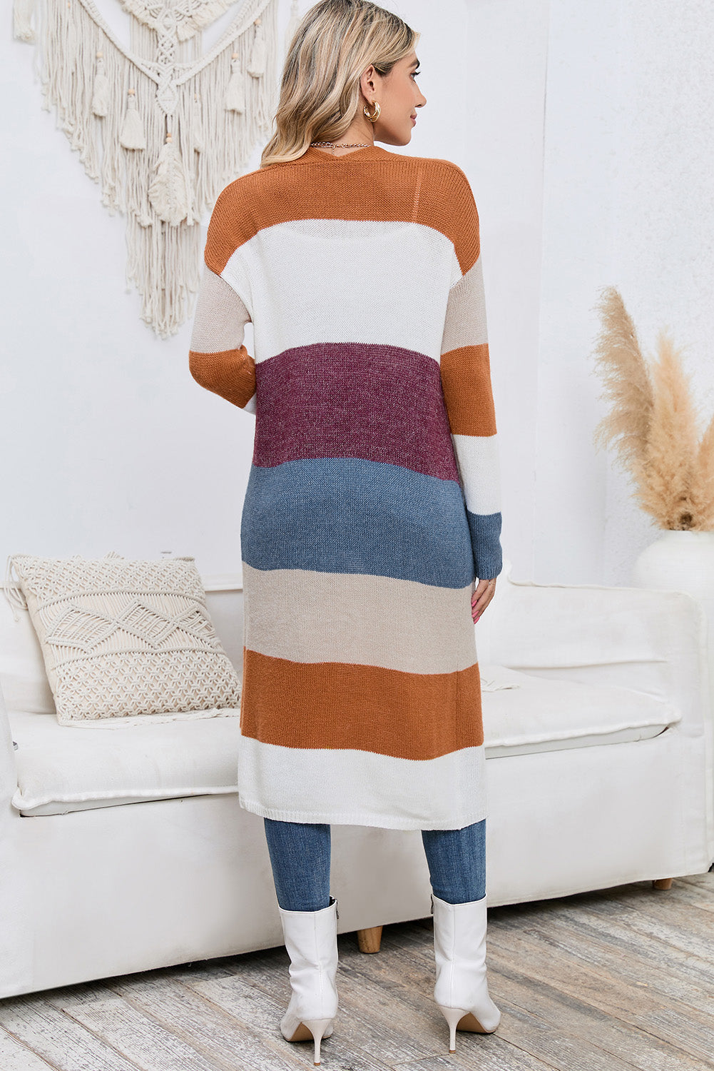 Long Color Block Open Front Pocketed Cardigan - The Goddess Galleries