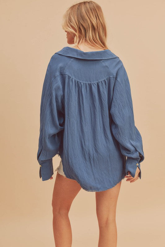 Aemi + Co Raw Hem Button Down Raglan Sleeve Shirt - The Goddess Galleries