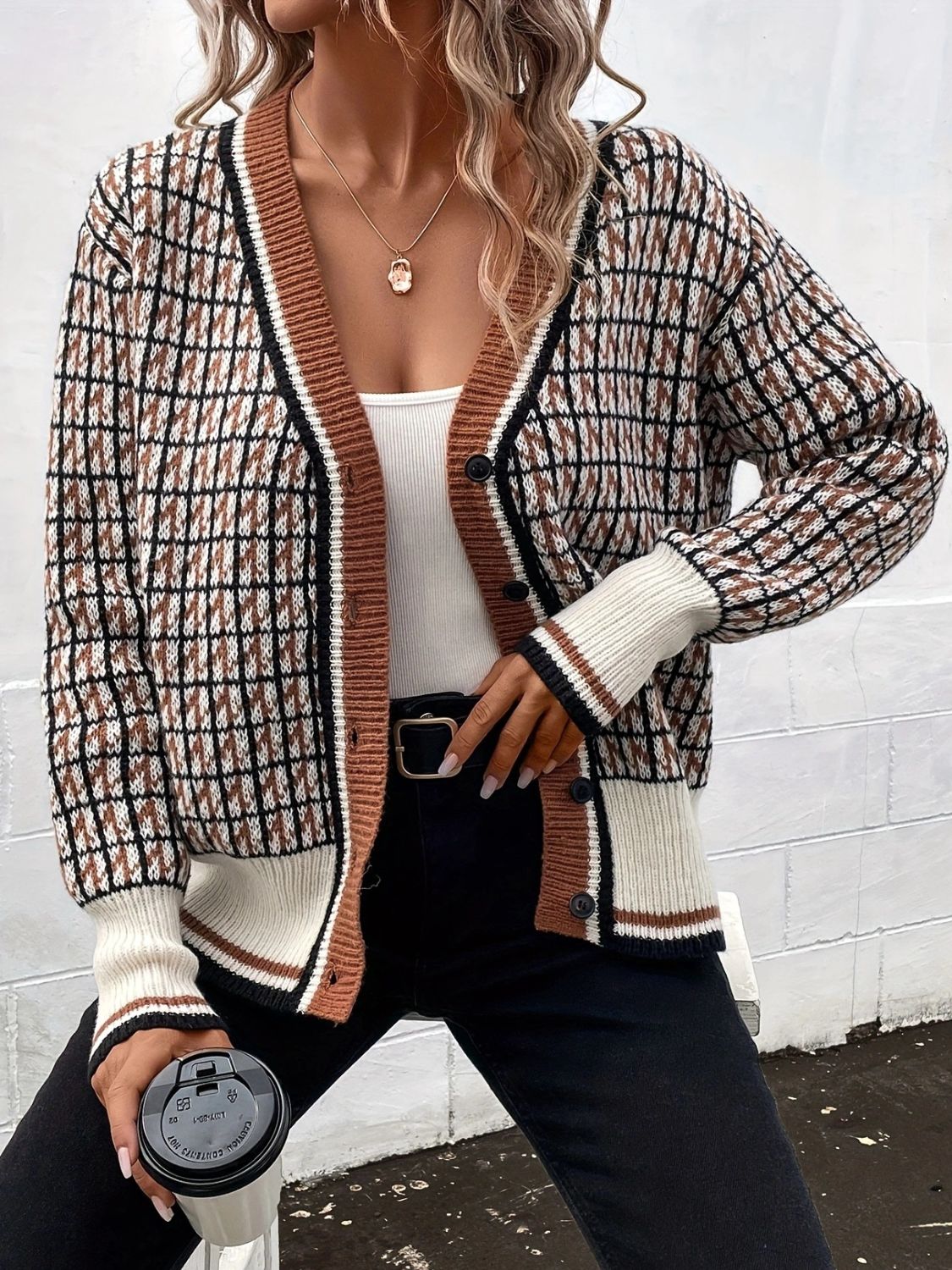 Plaid V-Neck Button Up Cardigan - The Goddess Galleries
