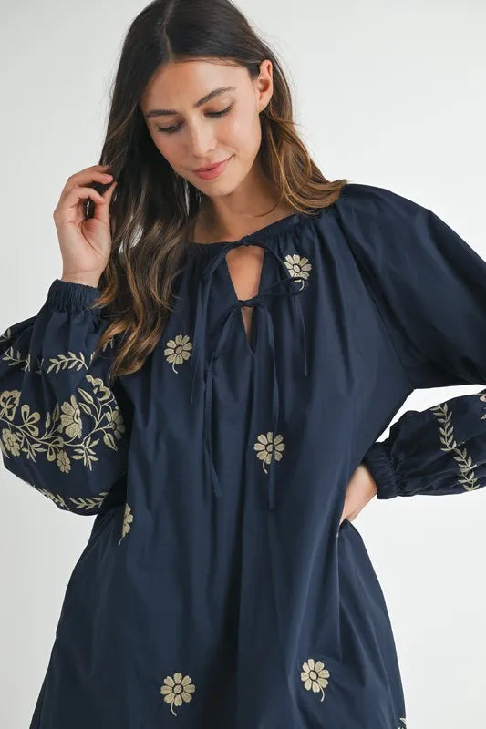 MABLE Embroidered Long Sleeve Peasant Mini Dress - The Goddess Galleries