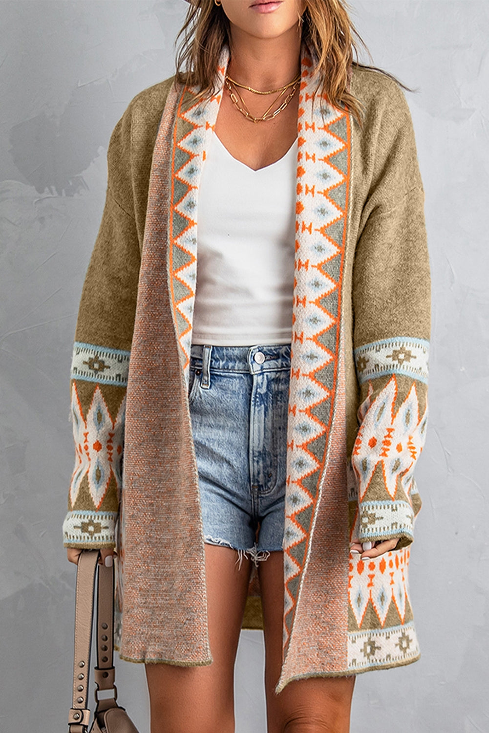 Geometric Open Front Long Sleeve Cardigan - The Goddess Galleries