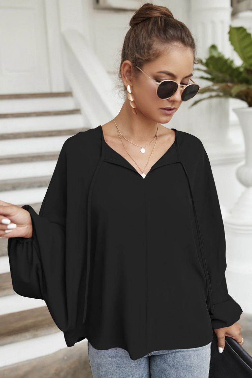 Tie Neck Balloon Sleeve Blouse - The Goddess Galleries